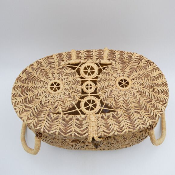 Handmade Woven Pine Straw Basket Purse 10x7 Wood Bottom Retro Boho VTG EUC - Picture 4 of 13